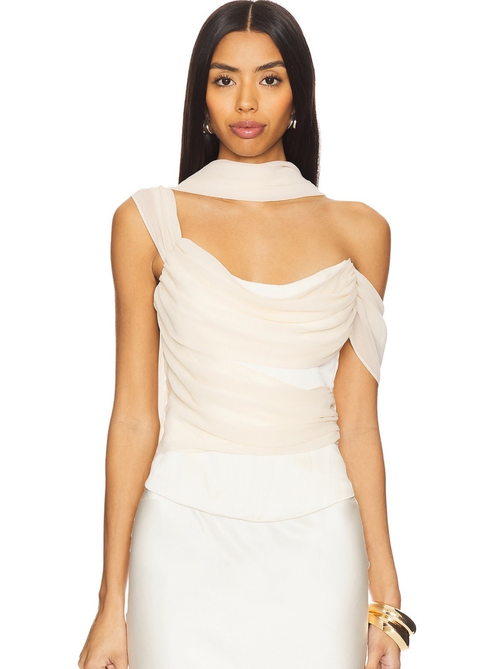LPA Cream Draped One-Shoulder Blouse with Scarf Detail